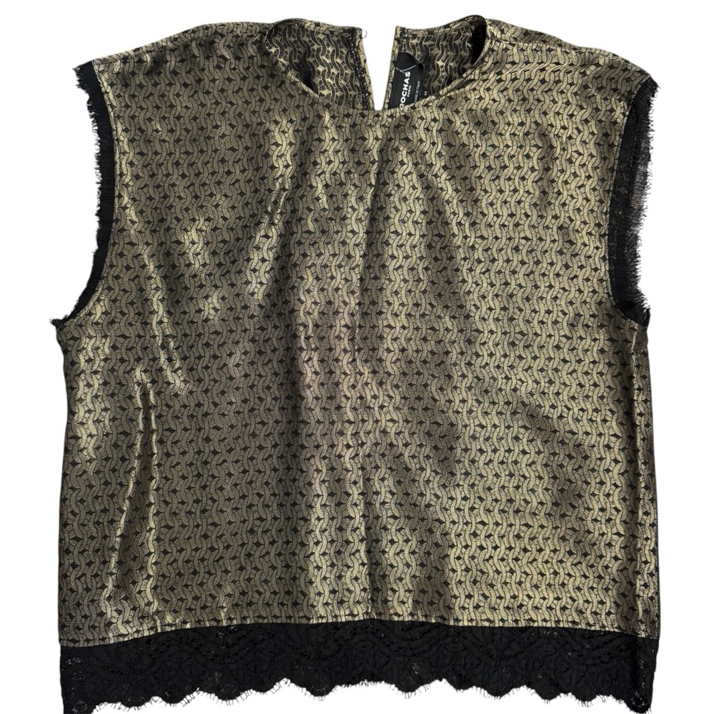 Rochas Paris Black and Gold Lace Hem Sleeveless Top Sz 40